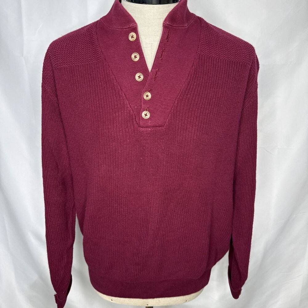 Vintage LL Bean Sweater Mens L Maroon USA Fisherman Knit Button Mock Neck Henley